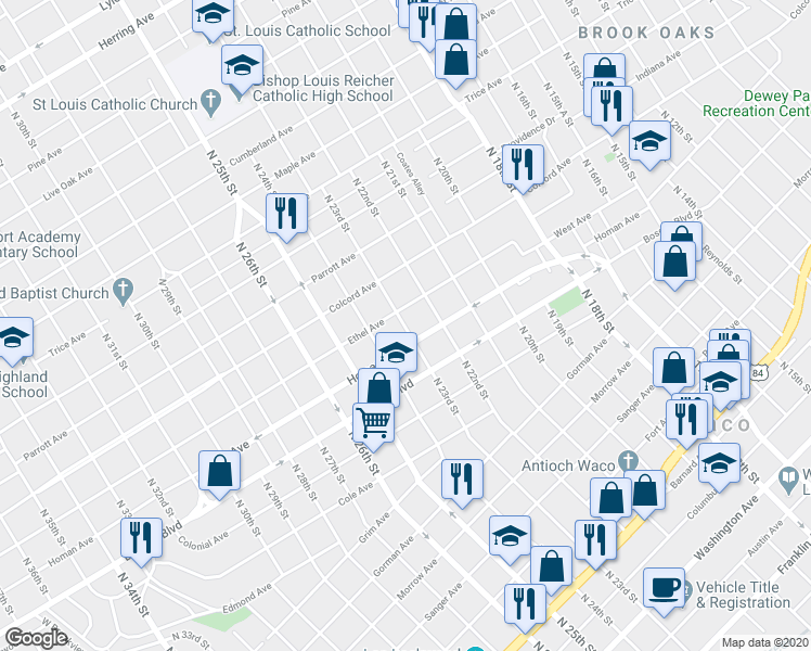 map of restaurants, bars, coffee shops, grocery stores, and more near 1353 North 23rd Street in Waco