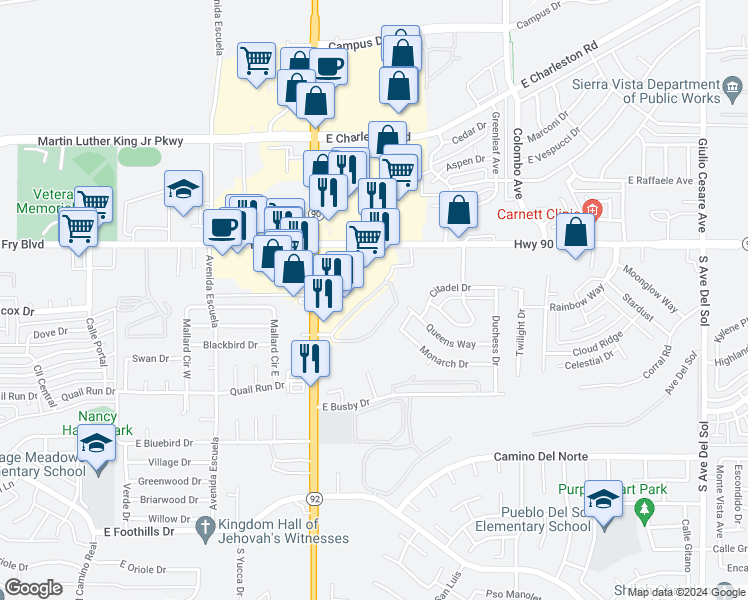 map of restaurants, bars, coffee shops, grocery stores, and more near 289 Arizona 92 in Sierra Vista