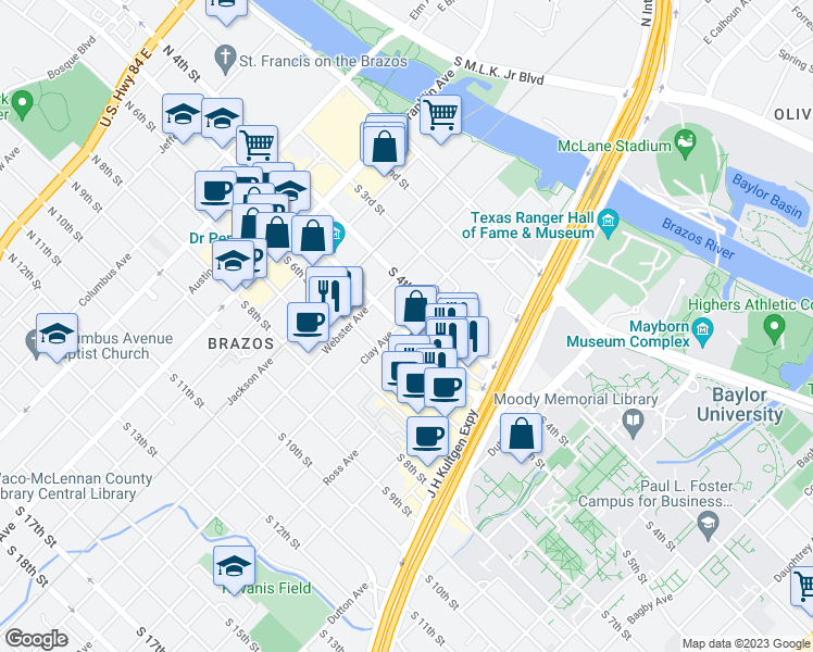 map of restaurants, bars, coffee shops, grocery stores, and more near in Waco