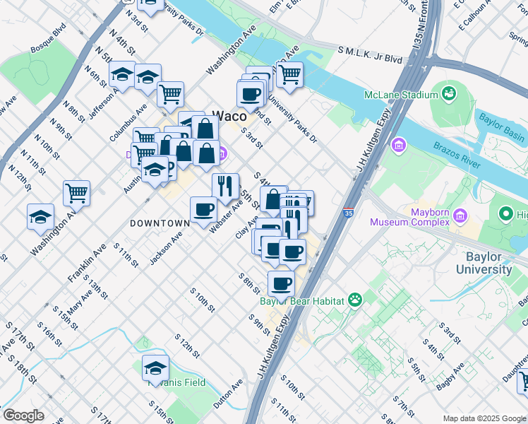 map of restaurants, bars, coffee shops, grocery stores, and more near in Waco