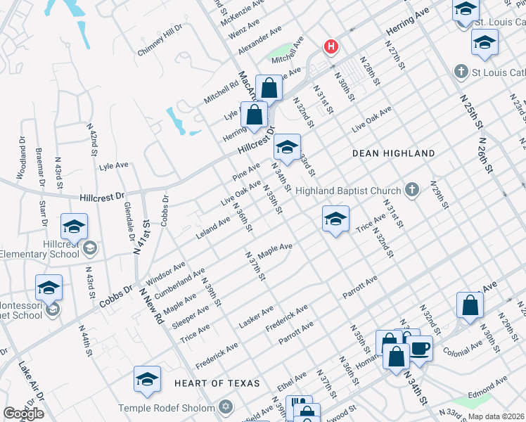 map of restaurants, bars, coffee shops, grocery stores, and more near 3521 Windsor Ave in Waco