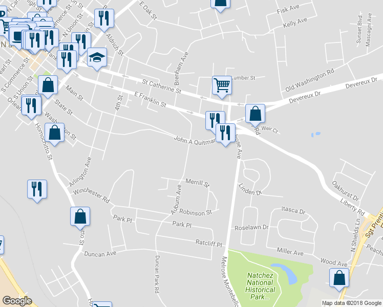 map of restaurants, bars, coffee shops, grocery stores, and more near 127 Auburn Avenue in Natchez