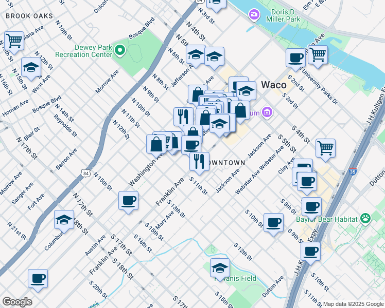 map of restaurants, bars, coffee shops, grocery stores, and more near 924 Austin Avenue in Waco