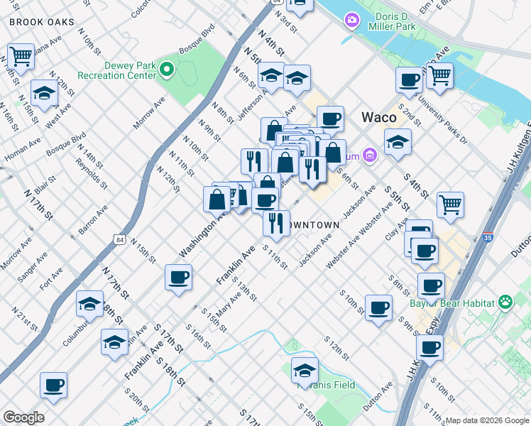 map of restaurants, bars, coffee shops, grocery stores, and more near 924 Austin Avenue in Waco