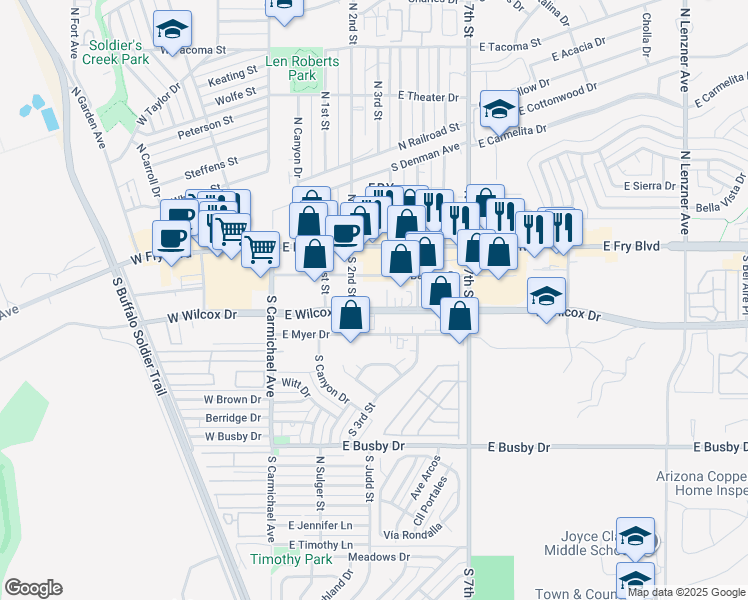 map of restaurants, bars, coffee shops, grocery stores, and more near 417 East Wilcox Drive in Sierra Vista