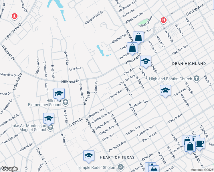 map of restaurants, bars, coffee shops, grocery stores, and more near 3810 Kimberly Drive in Waco