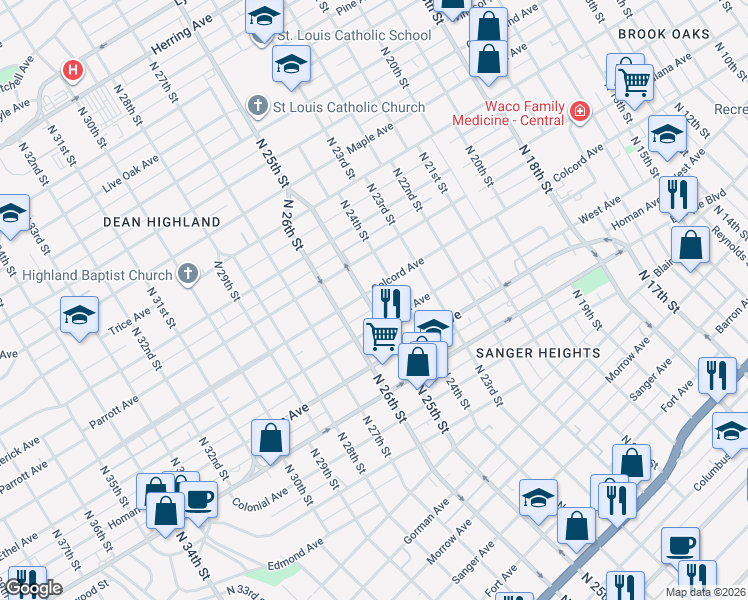 map of restaurants, bars, coffee shops, grocery stores, and more near 2510 Colcord Avenue in Waco