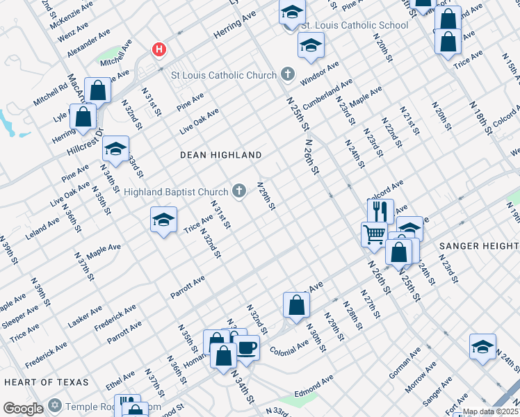 map of restaurants, bars, coffee shops, grocery stores, and more near 2909 Lasker Avenue in Waco
