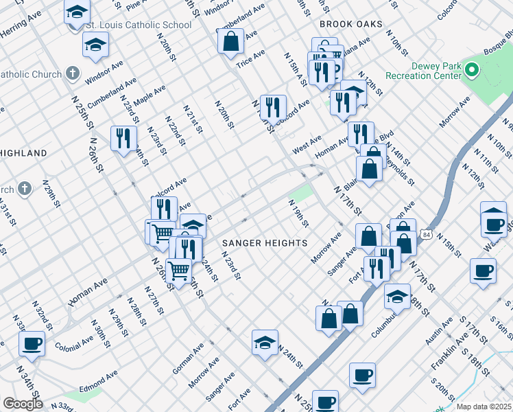 map of restaurants, bars, coffee shops, grocery stores, and more near 2012 Bosque Boulevard in Waco