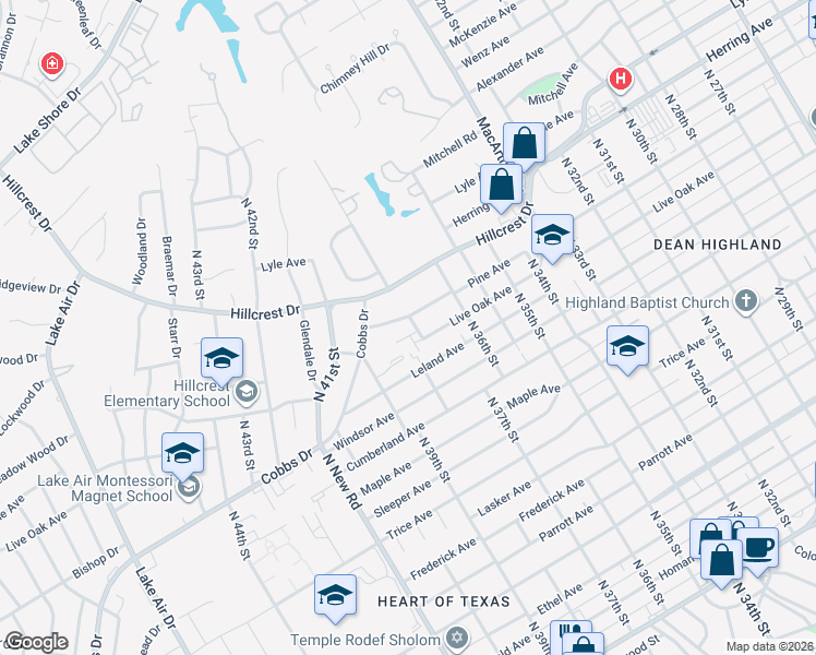 map of restaurants, bars, coffee shops, grocery stores, and more near 3810 Kimberly Drive in Waco