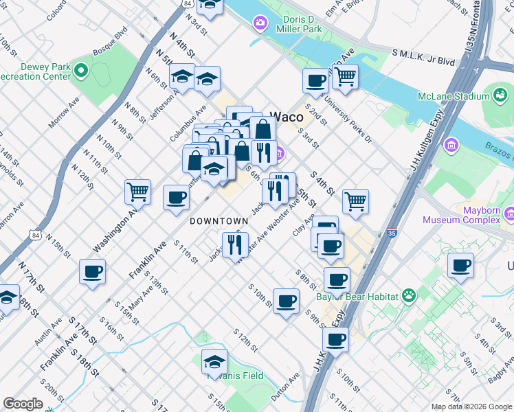 map of restaurants, bars, coffee shops, grocery stores, and more near 715 Jackson Avenue in Waco