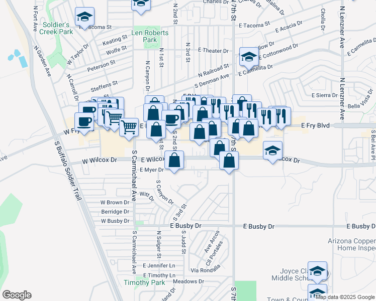 map of restaurants, bars, coffee shops, grocery stores, and more near 417 East Wilcox Drive in Sierra Vista