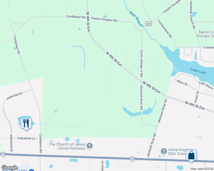 map of restaurants, bars, coffee shops, grocery stores, and more near 1610 West 4th Street Extension in Alma