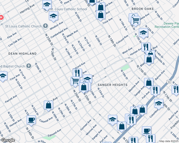 map of restaurants, bars, coffee shops, grocery stores, and more near 2312 Ethel Avenue in Waco
