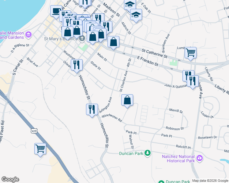 map of restaurants, bars, coffee shops, grocery stores, and more near 301 Arlington Avenue in Natchez