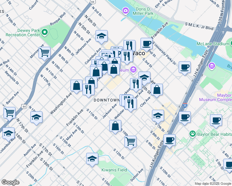map of restaurants, bars, coffee shops, grocery stores, and more near in Waco