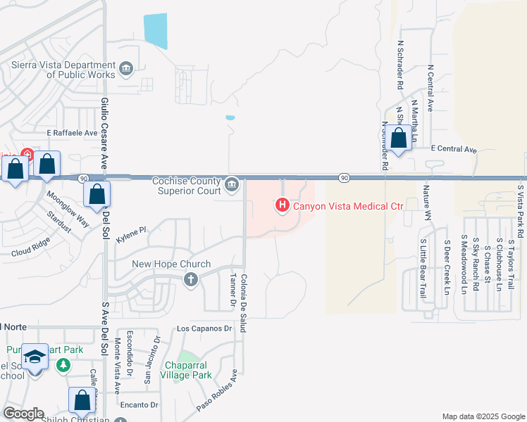 map of restaurants, bars, coffee shops, grocery stores, and more near 75 Colonia De Salud in Sierra Vista
