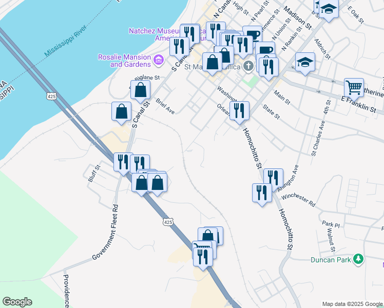 map of restaurants, bars, coffee shops, grocery stores, and more near 601 South Union Street in Natchez