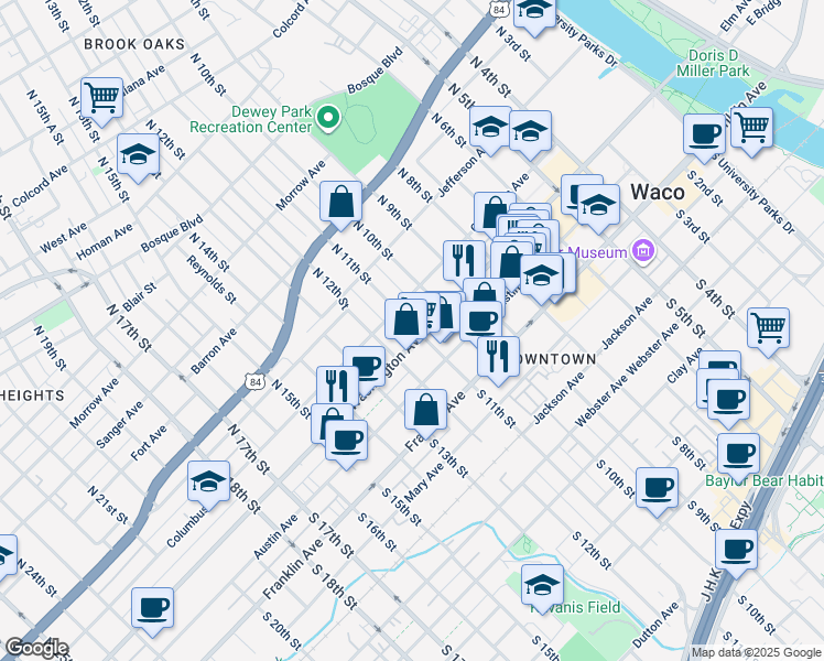 map of restaurants, bars, coffee shops, grocery stores, and more near 1100 Washington Avenue in Waco
