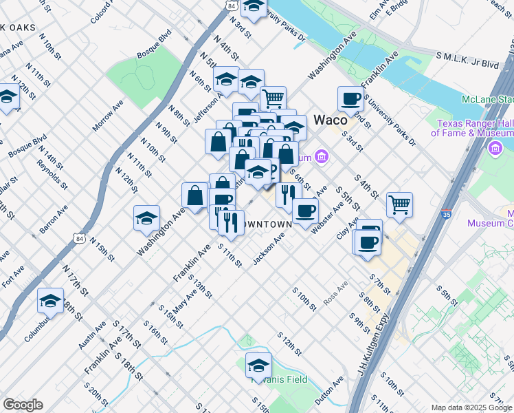 map of restaurants, bars, coffee shops, grocery stores, and more near 800 Franklin Avenue in Waco