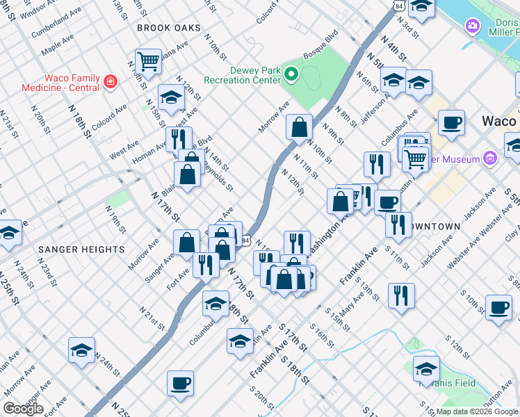 map of restaurants, bars, coffee shops, grocery stores, and more near 529 Novelty Street in Waco
