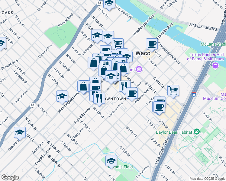 map of restaurants, bars, coffee shops, grocery stores, and more near 800 Franklin Avenue in Waco