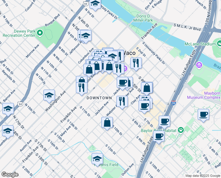map of restaurants, bars, coffee shops, grocery stores, and more near 715 Jackson Avenue in Waco
