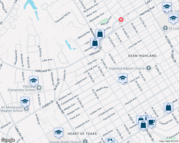 map of restaurants, bars, coffee shops, grocery stores, and more near 3605 Leland Avenue in Waco