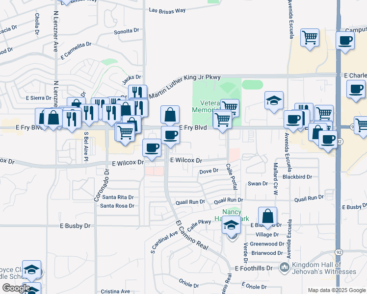 map of restaurants, bars, coffee shops, grocery stores, and more near 2665 East Wilcox Drive in Sierra Vista
