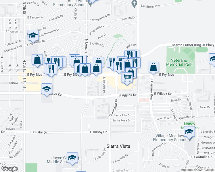 map of restaurants, bars, coffee shops, grocery stores, and more near 198 Coronado Drive in Sierra Vista