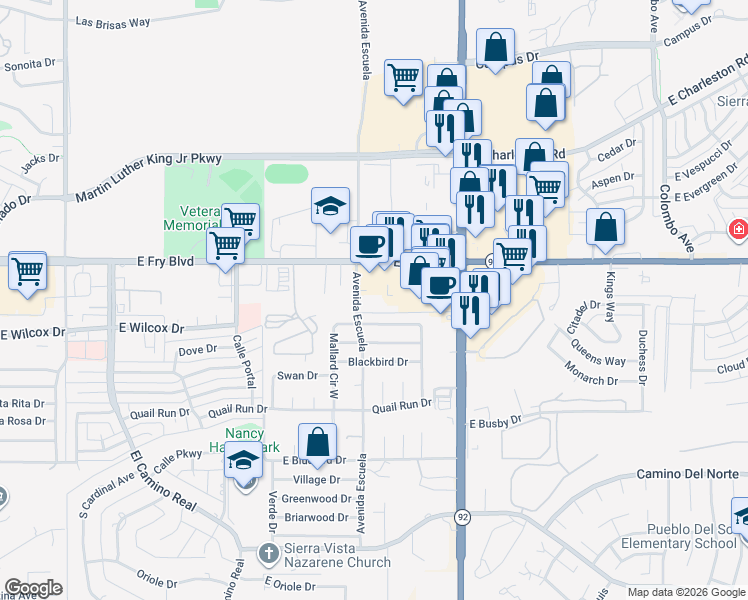 map of restaurants, bars, coffee shops, grocery stores, and more near 3640 E Fry Blvd in Sierra Vista