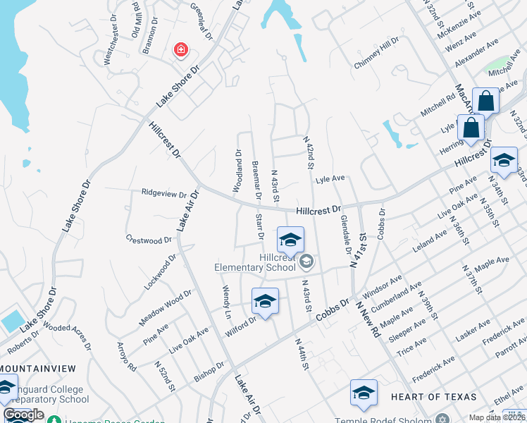 map of restaurants, bars, coffee shops, grocery stores, and more near 2712 Braemar Drive in Waco