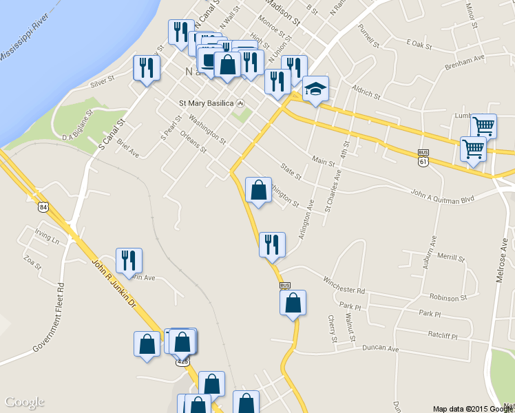 map of restaurants, bars, coffee shops, grocery stores, and more near 25 Homochitto Street in Natchez