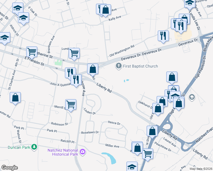 map of restaurants, bars, coffee shops, grocery stores, and more near 116 Weir Court in Natchez