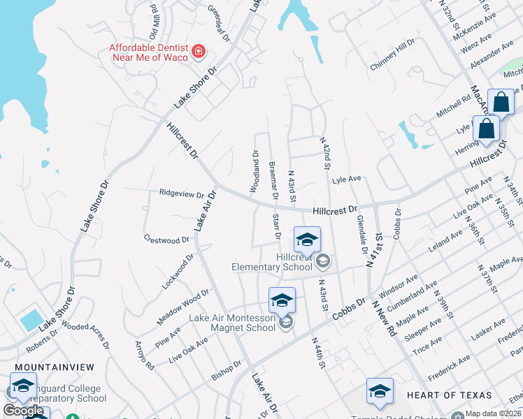 map of restaurants, bars, coffee shops, grocery stores, and more near 2712 Braemar Drive in Waco