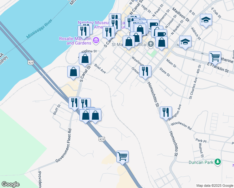 map of restaurants, bars, coffee shops, grocery stores, and more near 601 South Union Street in Natchez