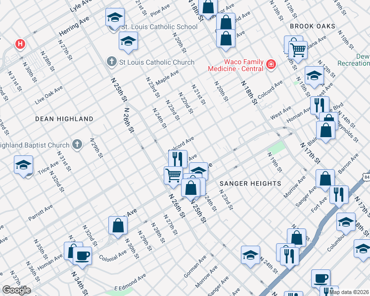 map of restaurants, bars, coffee shops, grocery stores, and more near 2325 Colcord Avenue in Waco