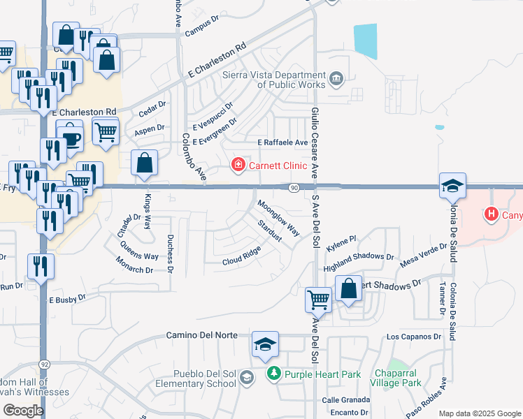 map of restaurants, bars, coffee shops, grocery stores, and more near 354-398 Rainbow Way in Sierra Vista