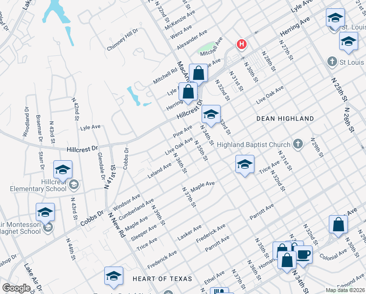 map of restaurants, bars, coffee shops, grocery stores, and more near 3530 Pine Avenue in Waco