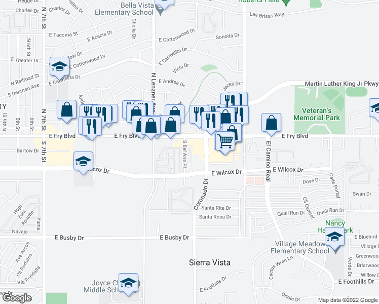 map of restaurants, bars, coffee shops, grocery stores, and more near 1800 East Fry Boulevard in Sierra Vista