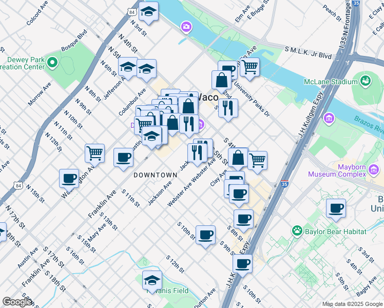 map of restaurants, bars, coffee shops, grocery stores, and more near 324 South 6th Street in Waco