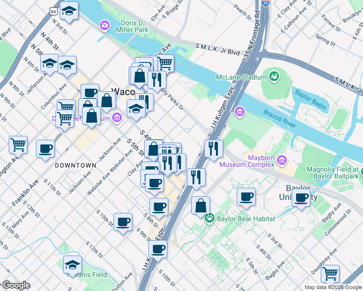map of restaurants, bars, coffee shops, grocery stores, and more near 700 South 4th Street in Waco