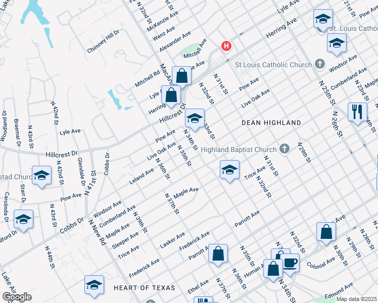 map of restaurants, bars, coffee shops, grocery stores, and more near 3400 Leland Avenue in Waco