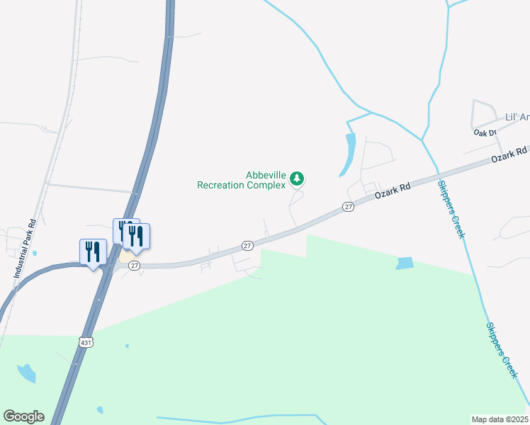 map of restaurants, bars, coffee shops, grocery stores, and more near 526 Ozark Road in Abbeville