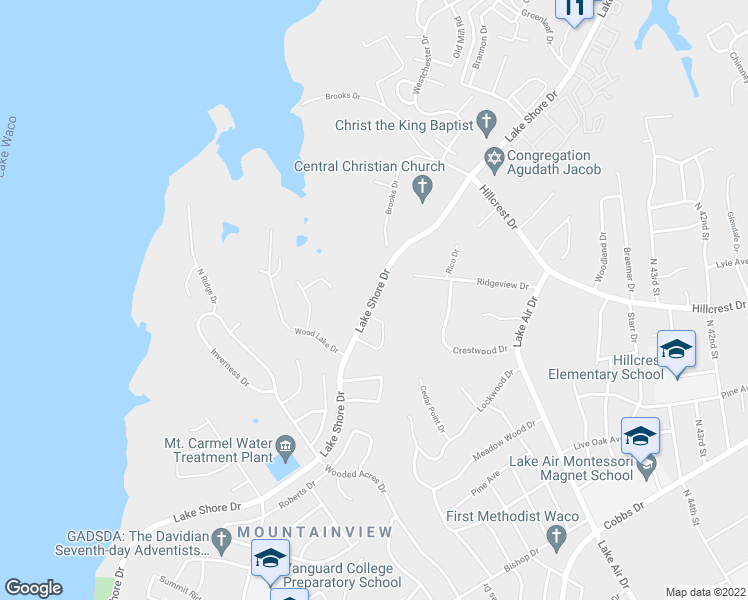 map of restaurants, bars, coffee shops, grocery stores, and more near 5004 Lake Shore Drive in Waco