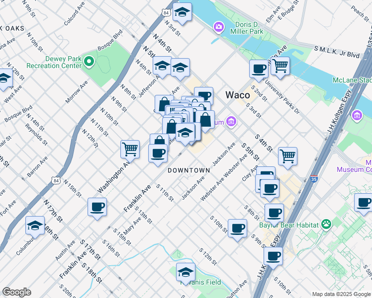 map of restaurants, bars, coffee shops, grocery stores, and more near 210B South 8th Street in Waco