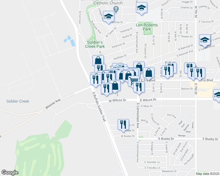 map of restaurants, bars, coffee shops, grocery stores, and more near 400 West Fry Boulevard in Sierra Vista