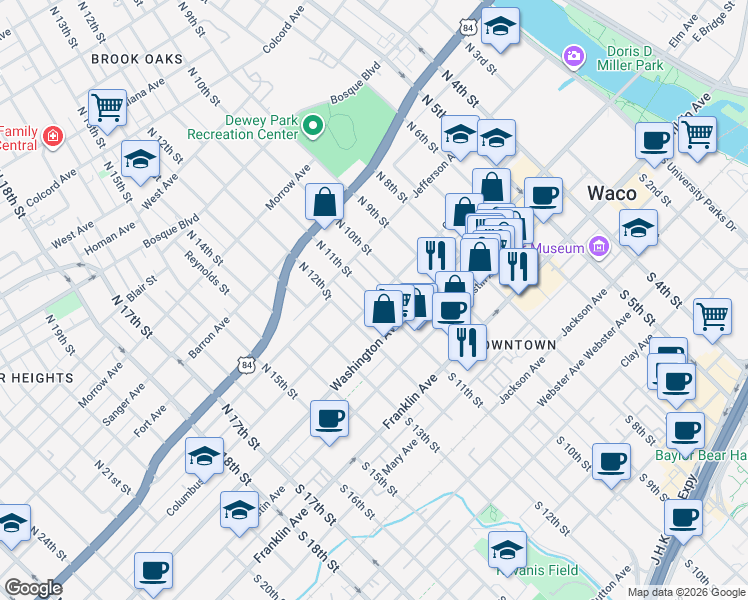 map of restaurants, bars, coffee shops, grocery stores, and more near 300 North 11th Street in Waco