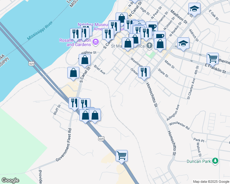 map of restaurants, bars, coffee shops, grocery stores, and more near 708 South Union Street in Natchez