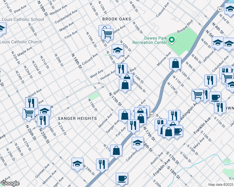 map of restaurants, bars, coffee shops, grocery stores, and more near 833 North 16th Street in Waco